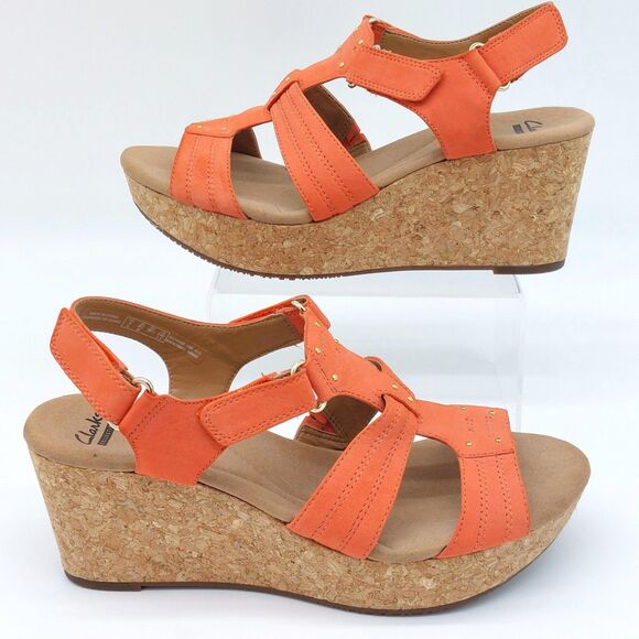 Clarks Collection Womens Sandals Sz 8.5M Salmon Leather Strappy Slingback Wedge - Picture 2 of 10